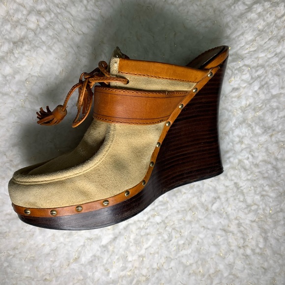 L. A.M.B. By Gwen Stefani tan suade & natural leather wedge clog/mule - Picture 11 of 16